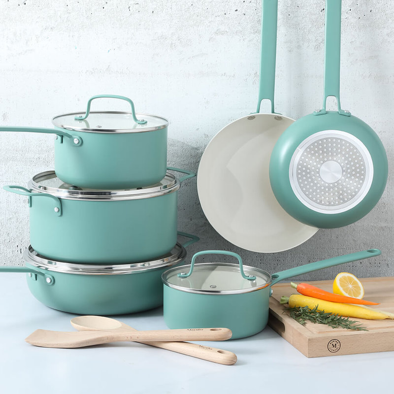 Martha Stewart Emmeline 12-Piece Nonstick PFA-Free Ceramic Enamel Aluminum Cookware Set, Teal