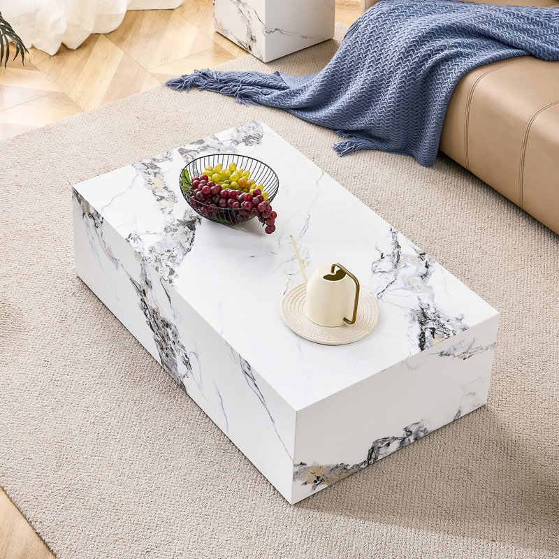 Table basse moderne en marbre Aura de 38,84 x 23,62 x 12,15 pouces, blanche, élégante et blanche avec effet de marbre, durable
