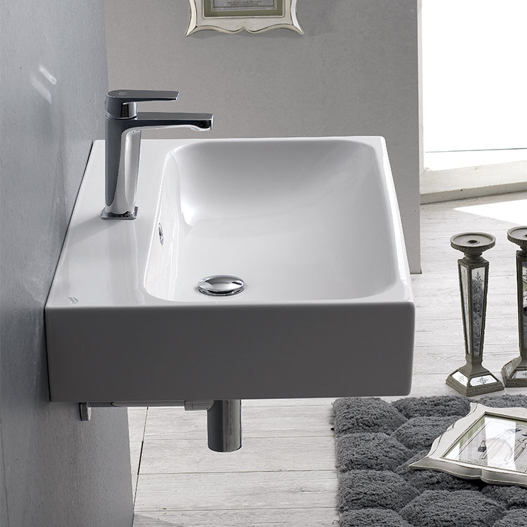 Lavabo de salle de bain mural rectangulaire en céramique avec trop-plein Pinto, Monotrou