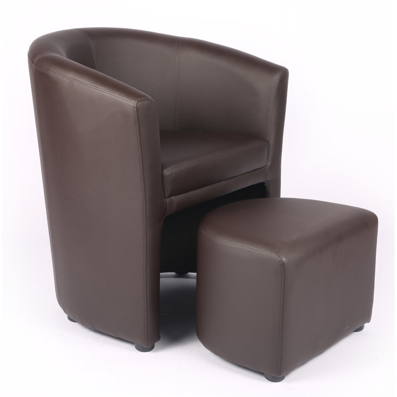 Faux Leather Barrel Chair with Footstool, Brown