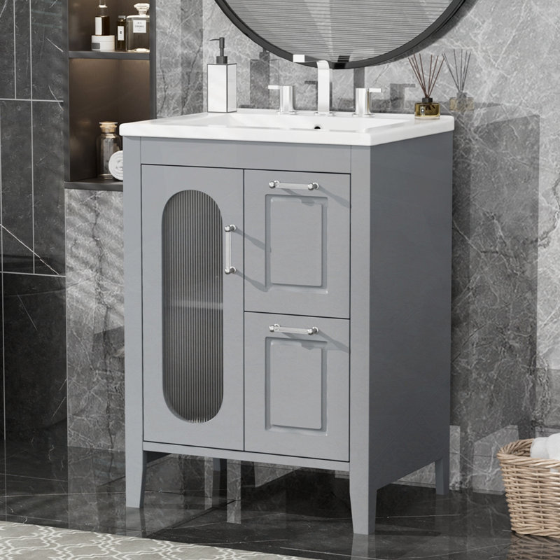 Armoire de salle de bain avec deux tiroirs et porte, Gris