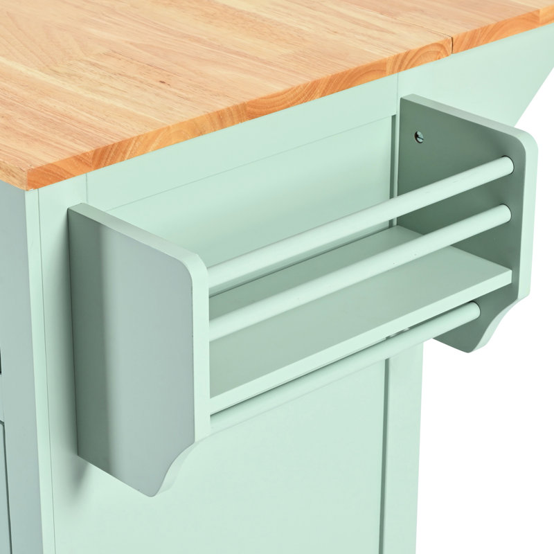 Mint Kitchen Island With Construction And Style Rubberwood Countertop Drop, 5 Wheels, 3 Drawers, Adjustable Shelf In Hint