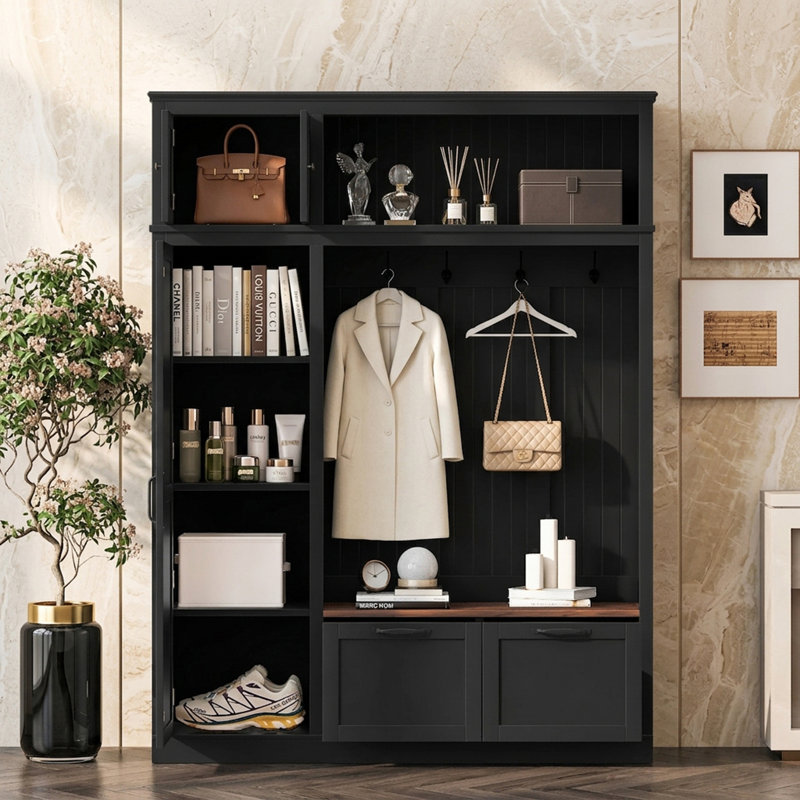 Grooved Back Panel Design Hall Tree with 3 Adjustable Side Shelves and 4 Hooks and 2 Spacious Drawers, Black