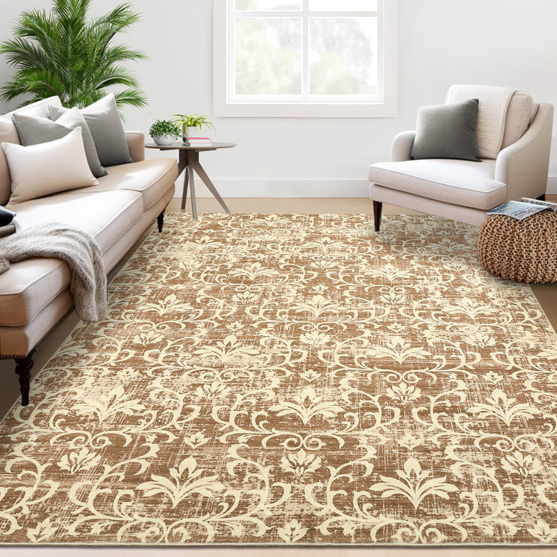Vintage Damascus Floral Area Rugs, Machine Washable Non-Slip Carpet for Living Room, Bedroom, Home, Rectangle 8' x 10'