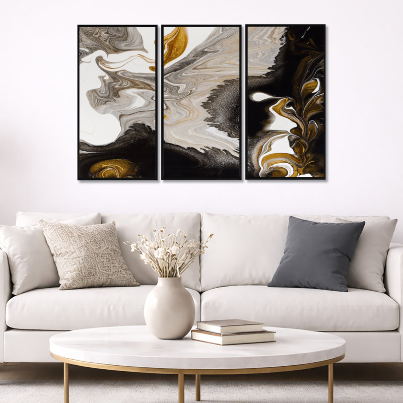 Vague de marbre doré et noir IV - ensemble de 3 peintures sur cadre flottant, Cadre flottant,  H 20 po x l 36 po, Noir