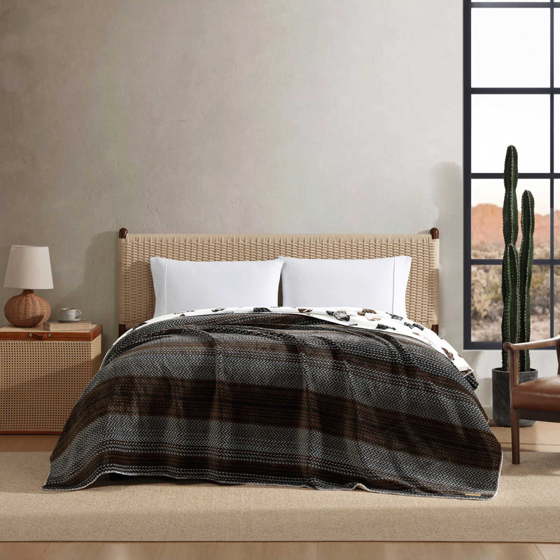 Wrangler Nash Stripe Plush Reversible Blanket, Brown Geometric, Queen