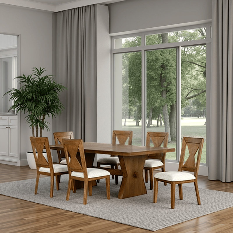Zivy 7Pc Dining Table Set, Modern Farmhouse Oak Brown, 6 Fabric Chairs
