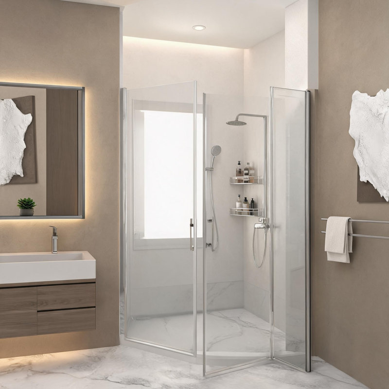 Porte de douche pivotante à demi-cadre en aluminium nickelé brossé, 61 cm x 183 cm, verre trempé de 6 mm et film anti-explosion
