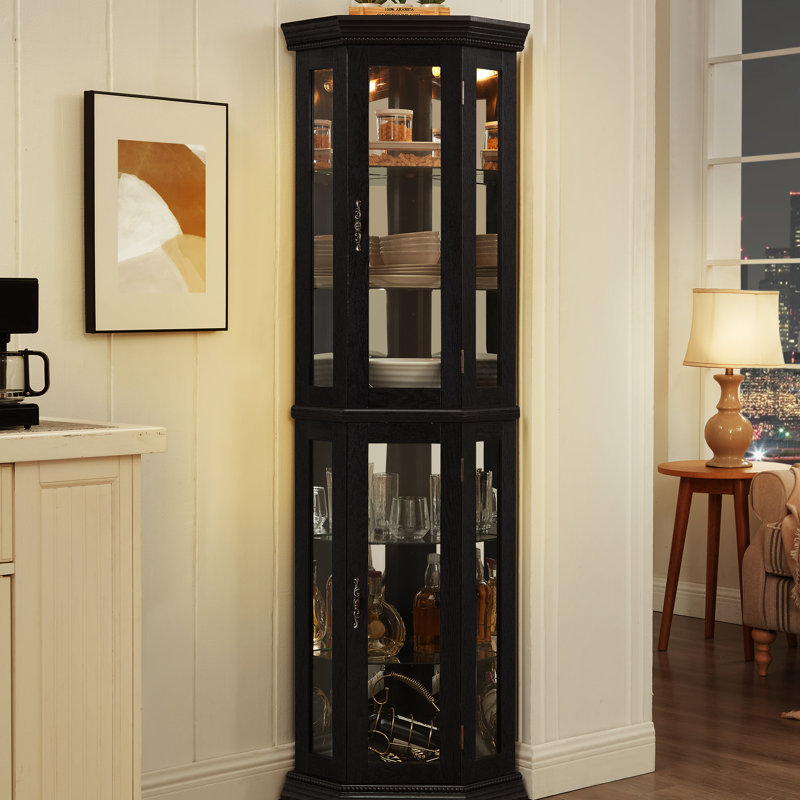 Sophisticated Glass Curio Cabinet With Built - In Led, Mirrored Back, And Adjustable Shelving, Black Elegant 3 Side Vintage Beads, Smooth Doors, Customizable Organization,