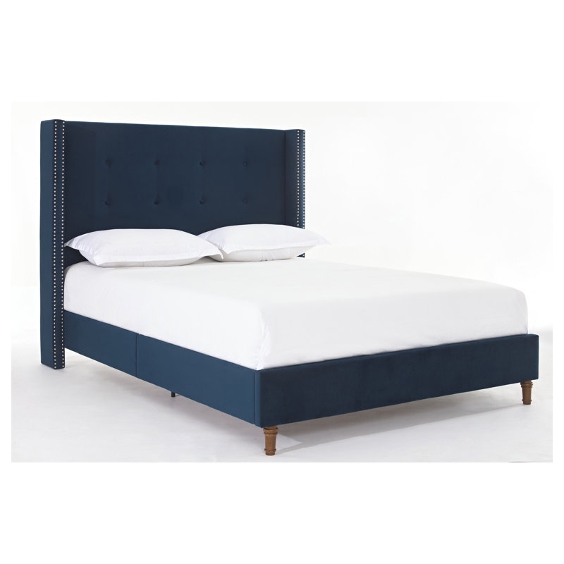 Structure de lit grand tapissier en velours bleu - tête de lit à oreilles avec capitonnage à boutons et garniture cloutée, aucun sommier nécessaire