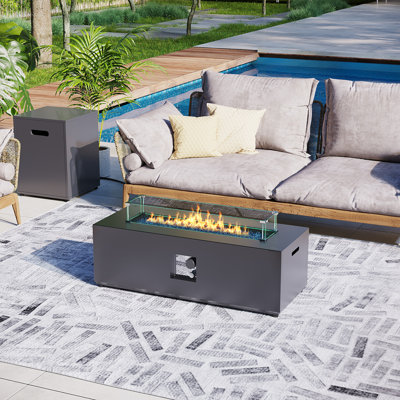 50,000 BTU 42 in. Rectangular Iron Propane Fire Pit Table with Tank Cover and Glass Wind Guard in Dark Gray