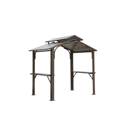 Gazebo barbecue 2,4 x 1,5 m - Brun. Acier galvanisé, toit double, étagères latérales de rangement, crochet de plafond pour jardin extérieur.