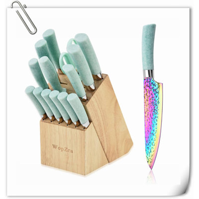 Ensemble de couteaux de cuisine avec couteaux antiadhésifs avec rangement en bois, couteau à steak dentelé, couteau de chef, ciseaux avec aiguisoir, ensembles de blocs de couteaux ultra-tranchants 15 pièces pour un usage domestique et professionnel (b