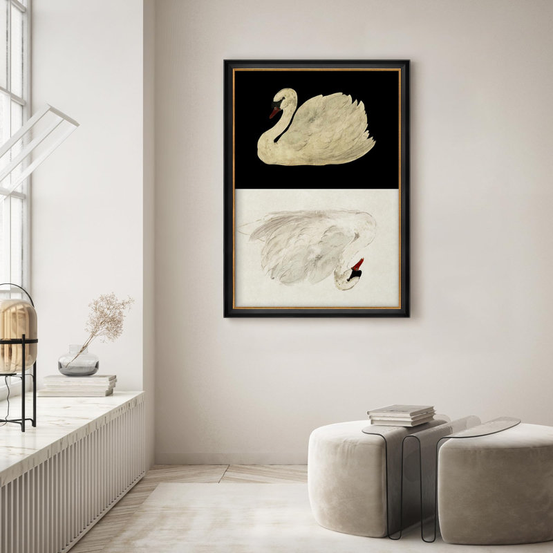 Élégant cygne double en noir et blanc, impressionisme, art mural encadré, Non