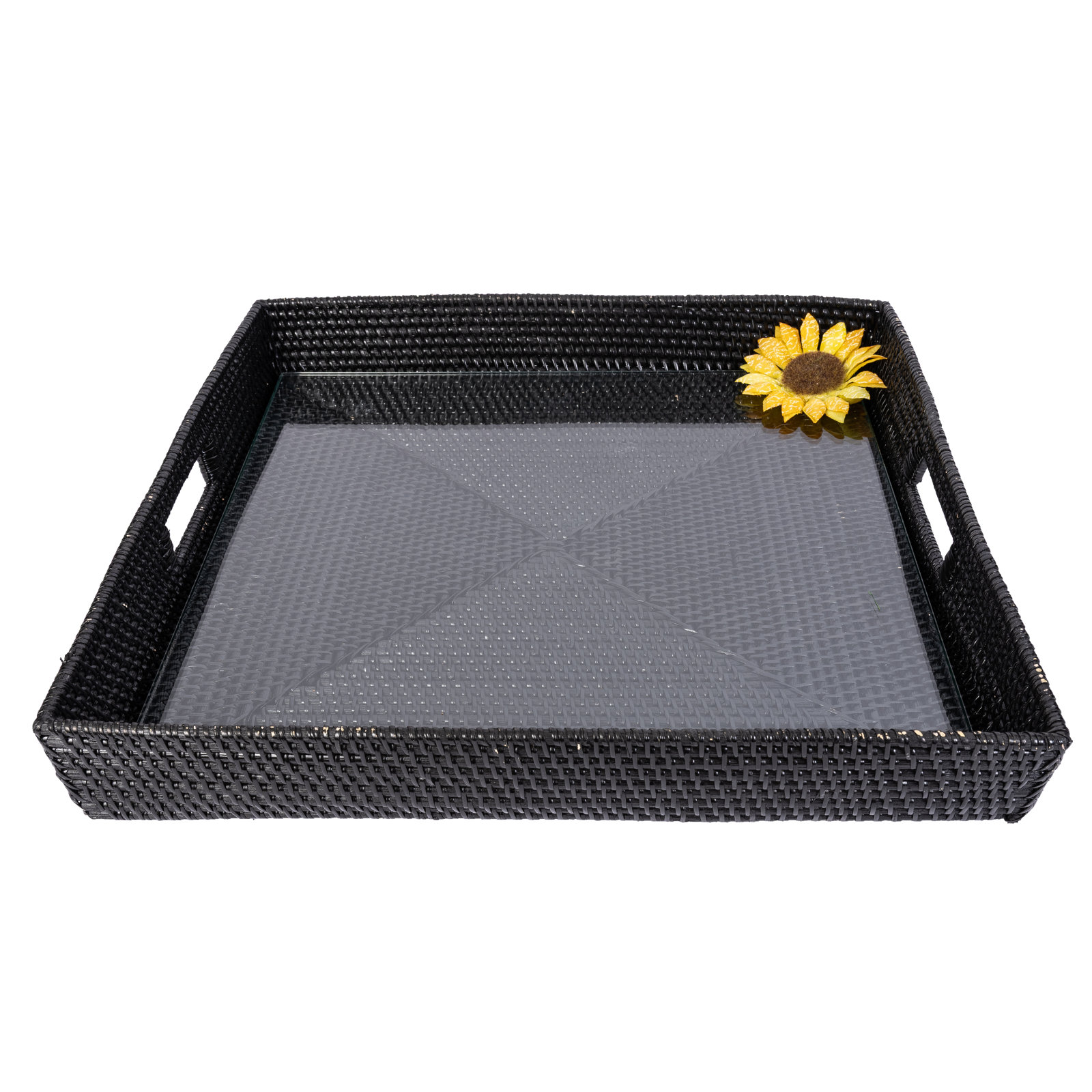 Serving Ottoman Trays With Glass Insert, 20"W x 20"D x 3"H, Tudor Black