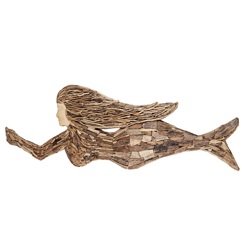 Décoration murale sirène en bois flotté avec cheveux