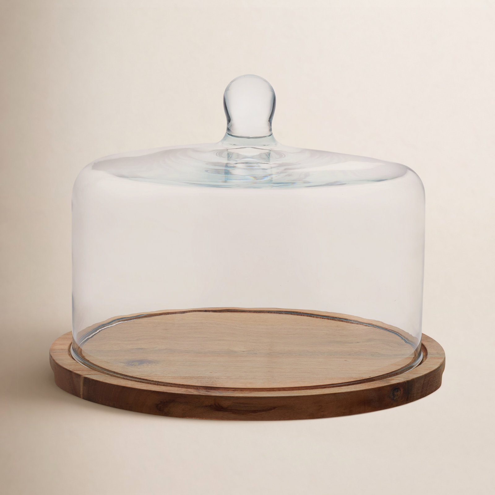 Libbey Acaciawood Flat Round Wood Server Cake Stand with Glass Dome