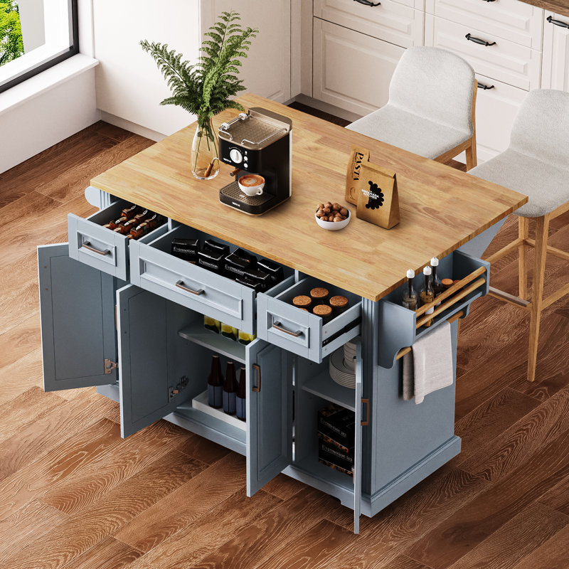 54inch Large Kitchen Island with Rubber Wood Drop Leaf, Embossed Texture Rolling Kitchen Cart on 4 Wheels with 4 Doors and 3 Drawers, Kitchen Island with Storage for Kitchen, Dining Room