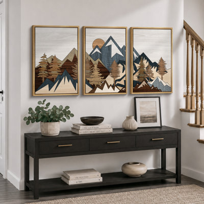 Western Wood Effect Landscape "Brown Country Forest Mountain Artwork, Rustic Cabin Farmhouse Decor Wall Pictures, 3 Pieces Framed Canvas Giclee Print Wall Art" 16"x24"x3 pcs, 24"x36"x3 pcs