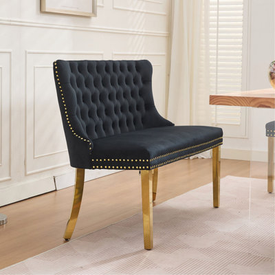 Banc en velours pour causeuse double, sièges de cuisine et de salle à manger, banc capitonné à 2 places avec boutons faits à la main, dossier à oreilles, pieds en acier plaqué or, style Mid-Century moderne