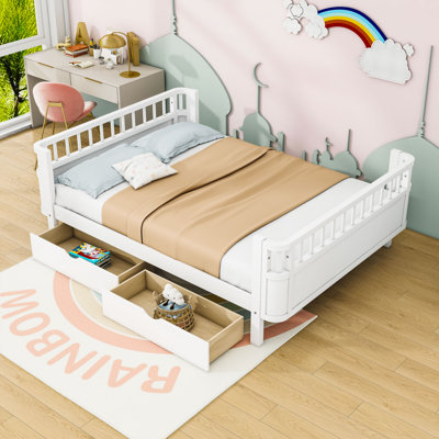 Wood Bed With Ample Storage Drawers And Guardrails