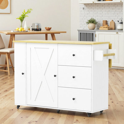 47.2" Transitional Style Kitchen Island With Drop Leaf And Storage, Rolling Kitchen Cart On Wheels With 3 Drawers And Cabinets, Coffee Station by Ophelia & Co.