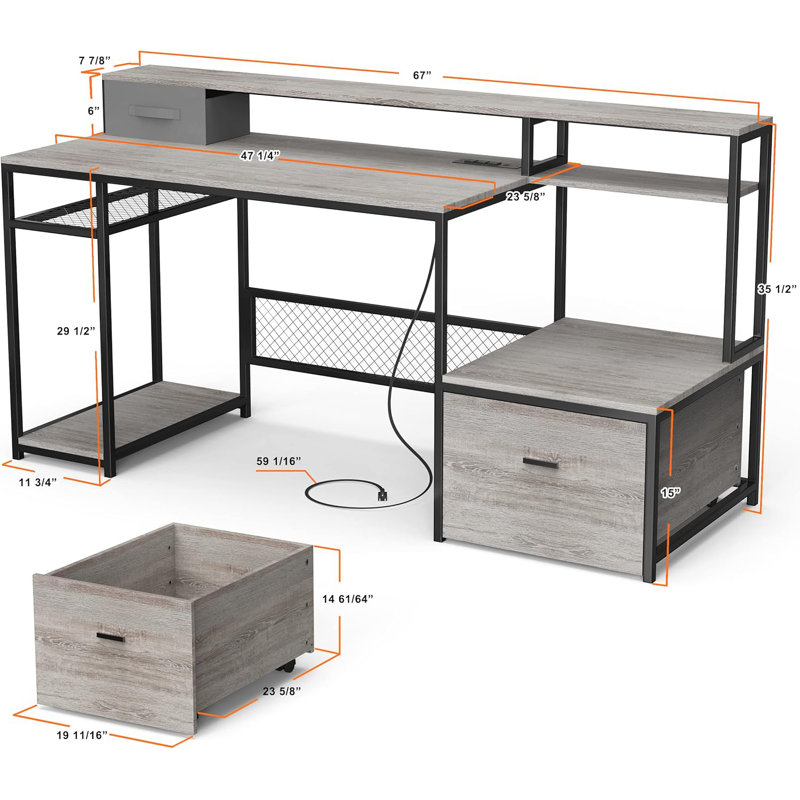 Mau  66'' Computer Desk with Drawers and Storage Shelf, Gray
