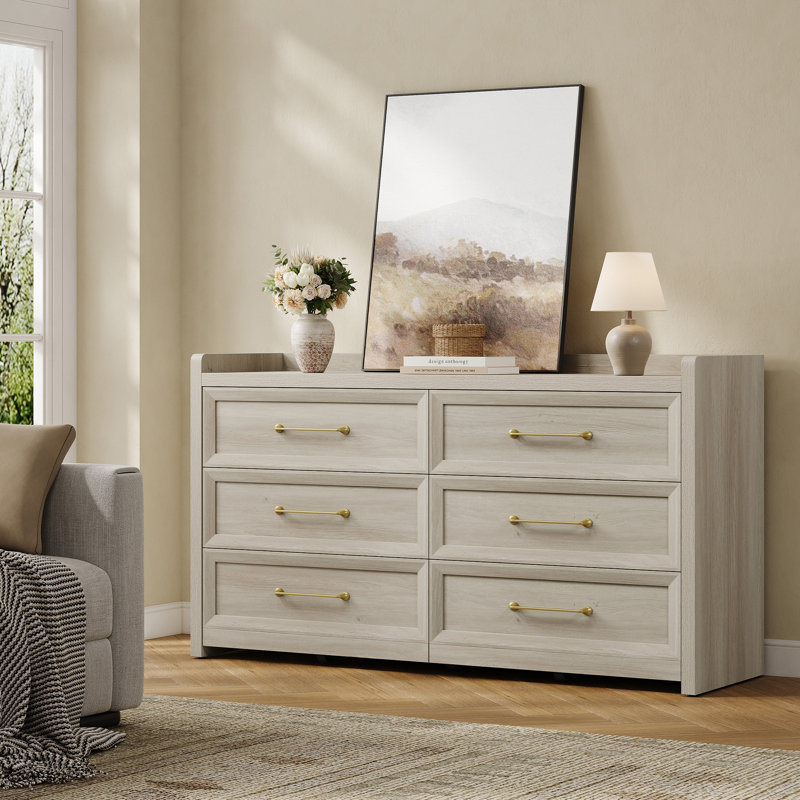 56.4"W Modern 6-Drawer Dresser, Gray White Oak