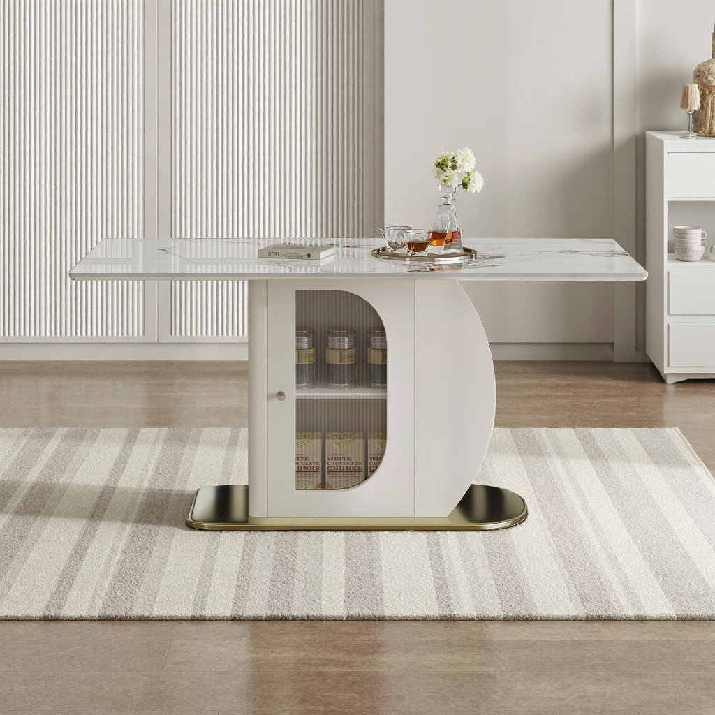 George Oliver 63" White Modern Sintered Stone Dining Table with Storage ...