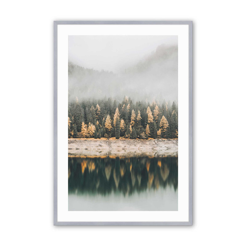 Imprimé de réflexion de forêt brumeuse, Cadre en chrome poli, H 15,25 po x l 12,25 po x P 1,25 po