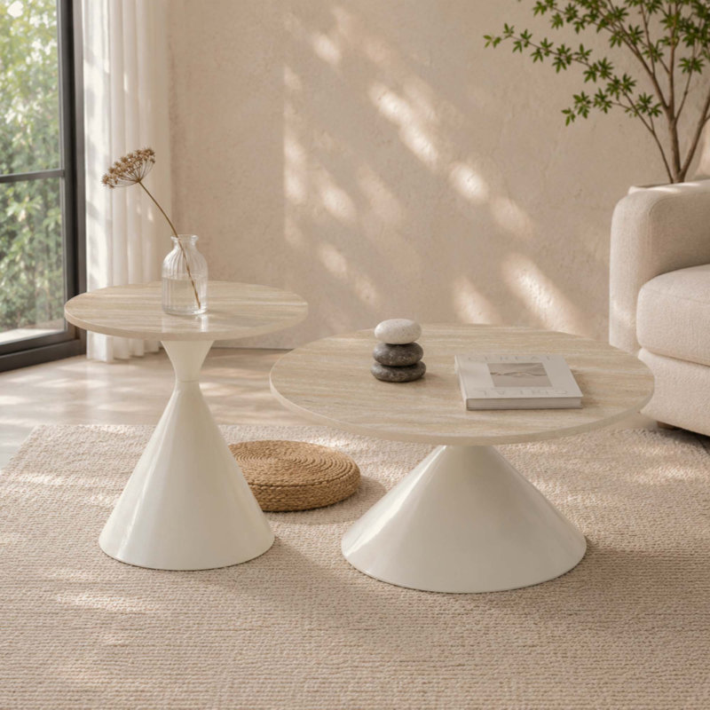 Ensemble de deux tables basses rondes, plateau à motifs et piètement en acier, table basse multifonctionnelle et élégante