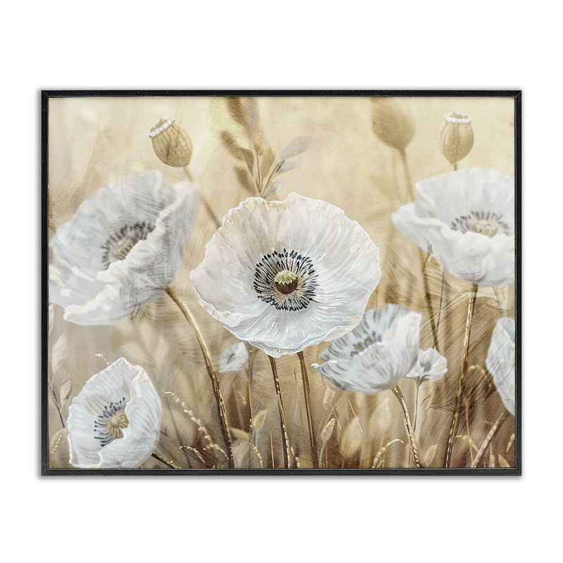 Giclée sur fond blanc, coquelicots blancs, design par Kim Allen, H 24 po x l 30 po, Giclée noire de minuit encadrée