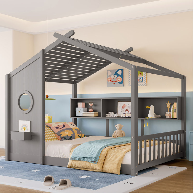 Lit double pleine grandeur pour enfant, lit Montessori pour enfants avec tablette de rangement, lit maisonnette avec toit