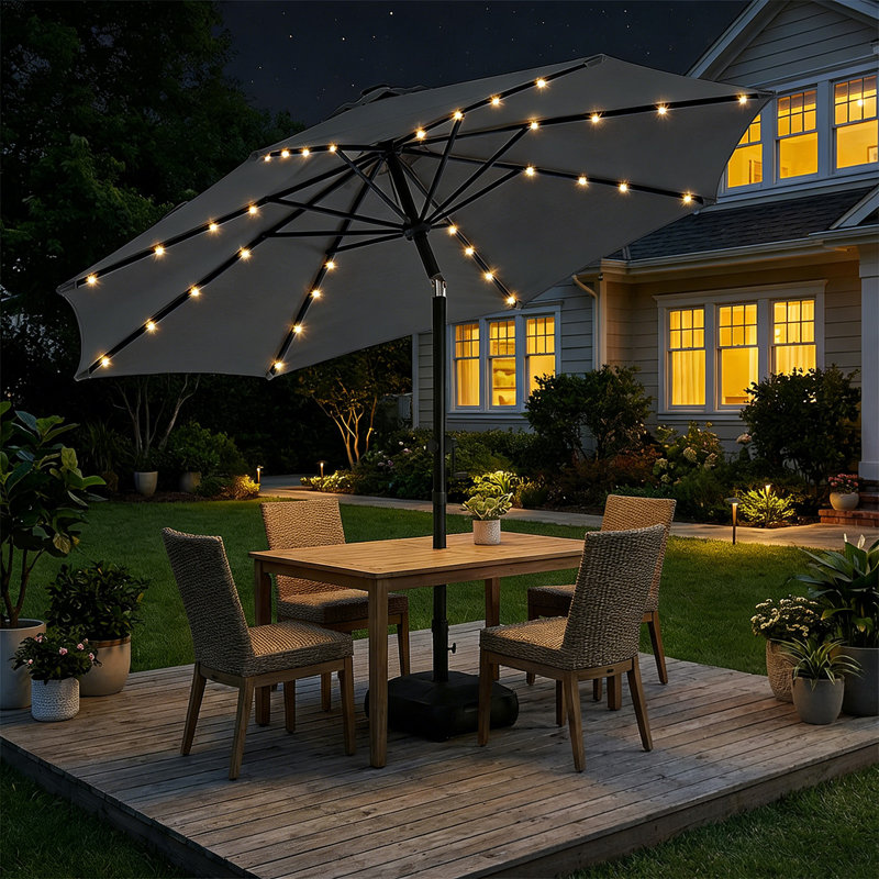 Parasol solaire à DEL avec base et bouton-poussoir, Gris, H 100 po x l 108 po x P 108 po