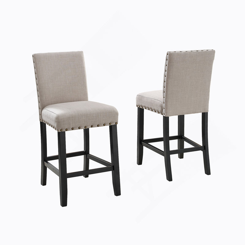 Tabourets à hauteur de comptoir en tissu Biony avec garniture cloutée, ensemble de 2, Brun clair