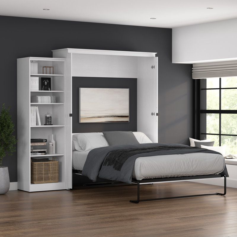 Grand lit escamotable avec rangement pour garde-robe (94 W), Chêne blanc pur, Queen