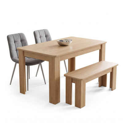 Dining Table Set with Oak Effect Table, 2 Grey Nova Velvet Chairs and Oak Effect Bench 4 Seater