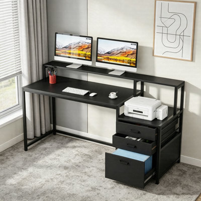 63" Computer Desk With Monitor Stand, Ergonomic Office Desk With Drawers And File Cabinet