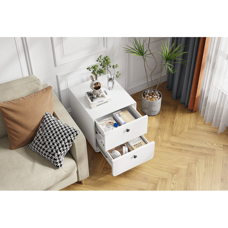 Modern Nightstand, Steel Cabinet, 2 Drawers, Circular Handle