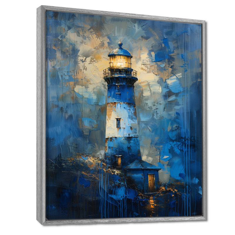 Tempête bleue tour de phare I - impression d'art mural phares, H 34 po x l 44 po, Encadrement argenté
