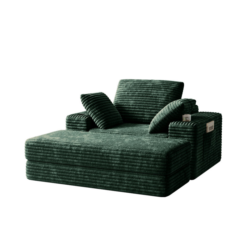 Trendell Upholstered Corduroy Sofa Chair, Oversized Chaise Lounge Indoor, Sleeper Sofa with Cup Holder and Ottoman, Green
