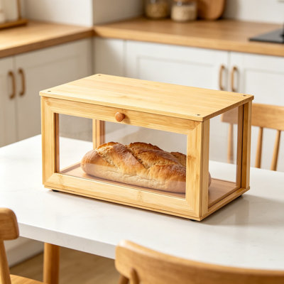 Bamboo Bread Box for Kitchen Countertop, Bread Storage Container with Clear Acrylic Display Window, Modern Classic Design for Pastry and Baked Goods