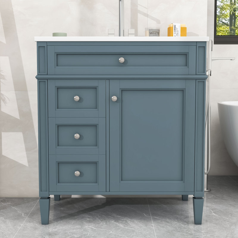 Bathroom Vanity with Top Sink, 2 Drawers and a Tip-out Drawer, Blue