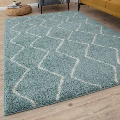 Moroccan Shaggy Collection Rugs Boho Design in Duck Egg Blue/Ivory