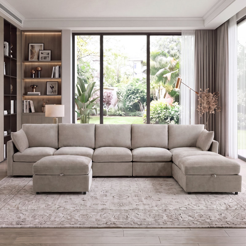 Canapé modulaire rembourré 8 places avec sièges Ottomans 128,61 po Sarang, Mélange de polyester brun clair