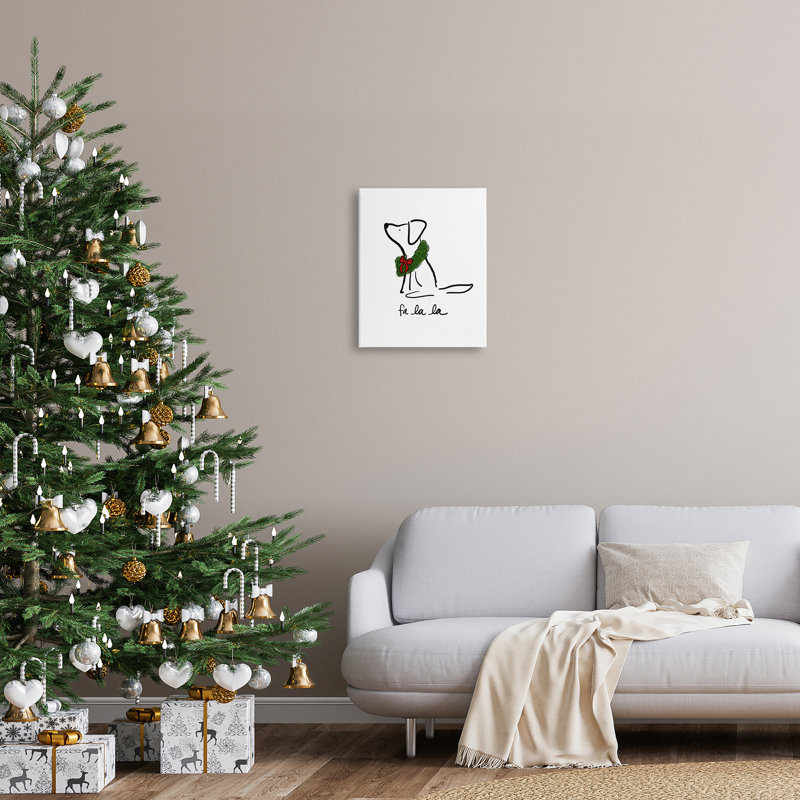 Fa Fa La La Holiday Doging Dog Line Doodle Wreath Black, estampe numérique encadrée, art texturé par Anna Whitham