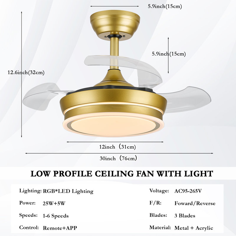 Ventilateur lustre en cristal 30 "Rgb, Doré