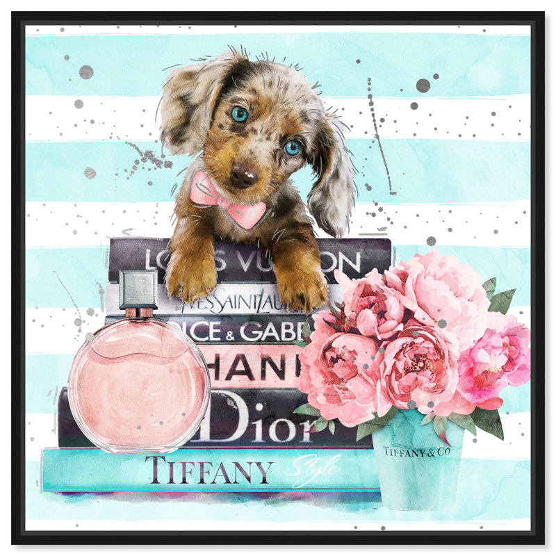 «Doxie Mint Blue», impression sur toile, H 16 po x l 16 po, Cadre flottant noir