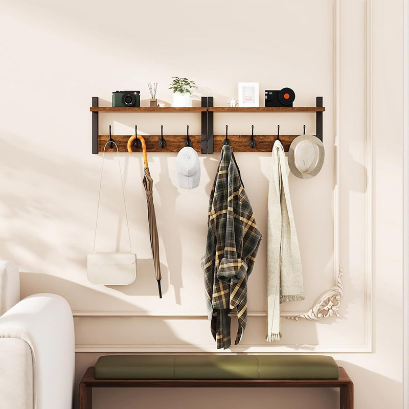 Porte-manteau mural rustique avec tablette et crochets, organisateur d'entrée marron