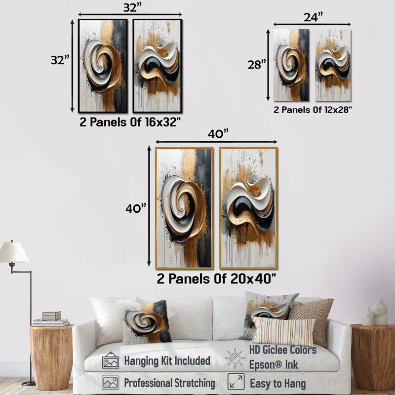 Encre noire et blanche Organic Fusion I - formes abstraites, ensemble de 2 pièces d'art mural, H 28 po x l 24 po